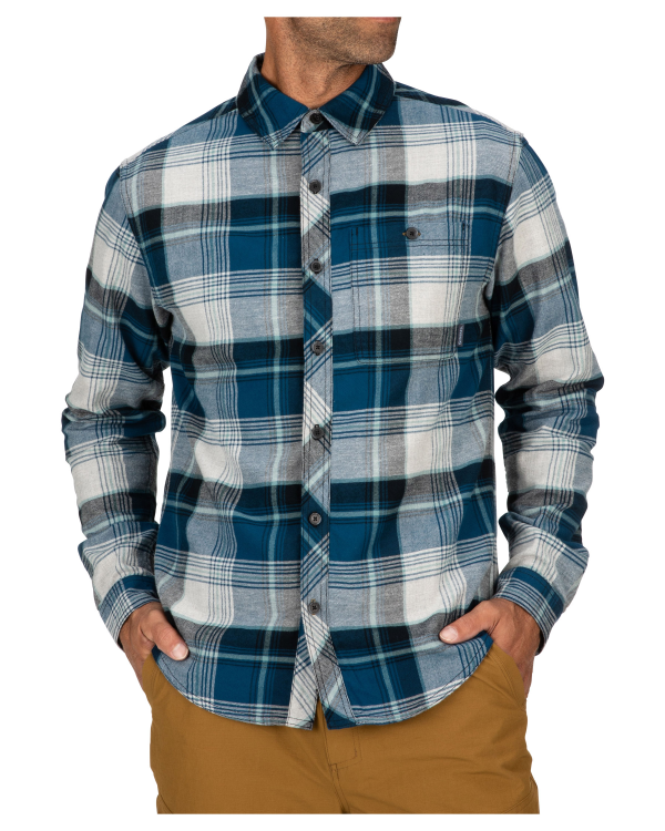 Simms Dockwear Cotton Flannel Shirt Atlantis Celadon Plaid Model Front Simms Dockwear Cotton Flannel Shirt Atlantis Celadon Plaid Model Front